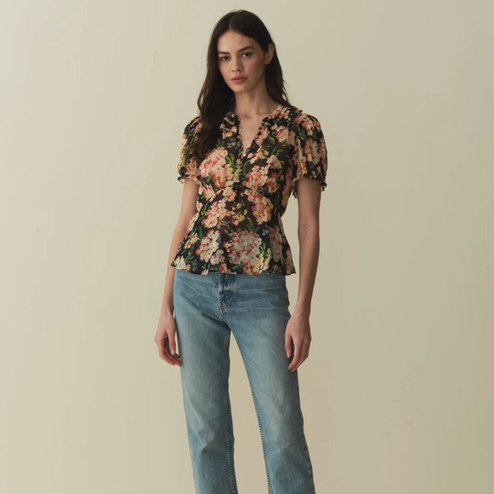 Doen Alona Black Floral Sheer Button-Front Blouse - Picture 8 of 10